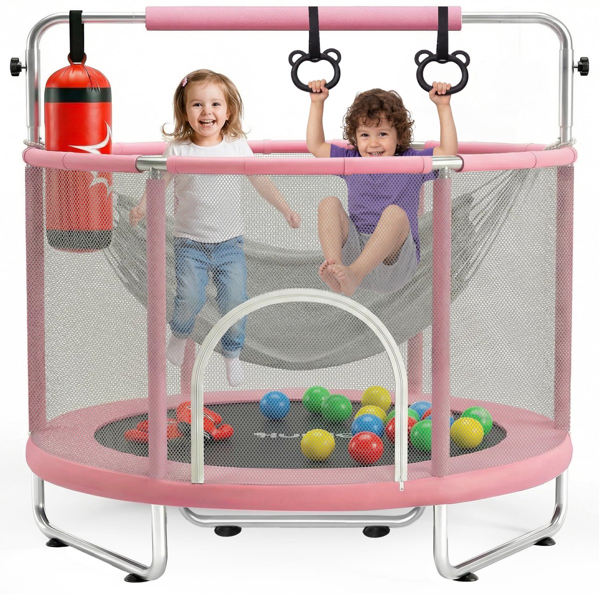 SnelShoppen - Hurtle Trampoline voor Kinderen met Veiligheidsnet, 120 kg, Binnen/Buiten, Roze, Inclusief Verstelbare Gymnastiekstang, Schommel, Boksza