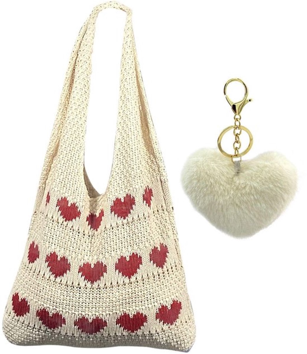 Handtas grote capaciteit - Gebreide Schoudertas - Casual Dameshandtas - Pluche Sleutelhanger - Katoen - Abrikoos 37x52 cm
