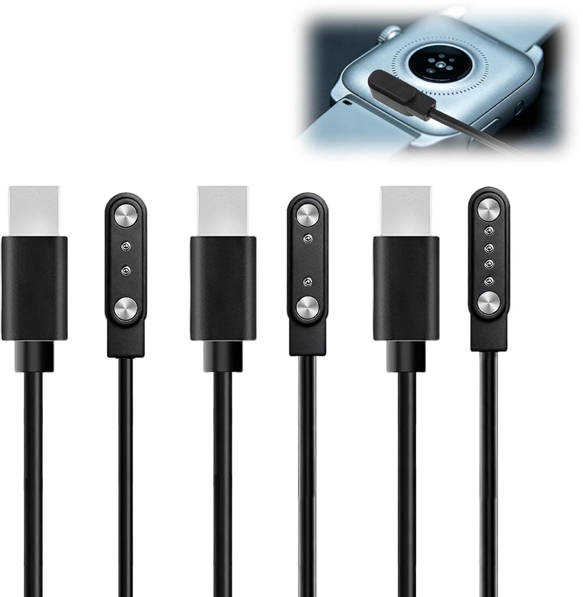 Set van 3 magnetische opladers voor smartwatches en fitnesstrackers, inclusief 2-pins adapters en USB-C-kabel, snel opladen, compact en ideaal voor reizen