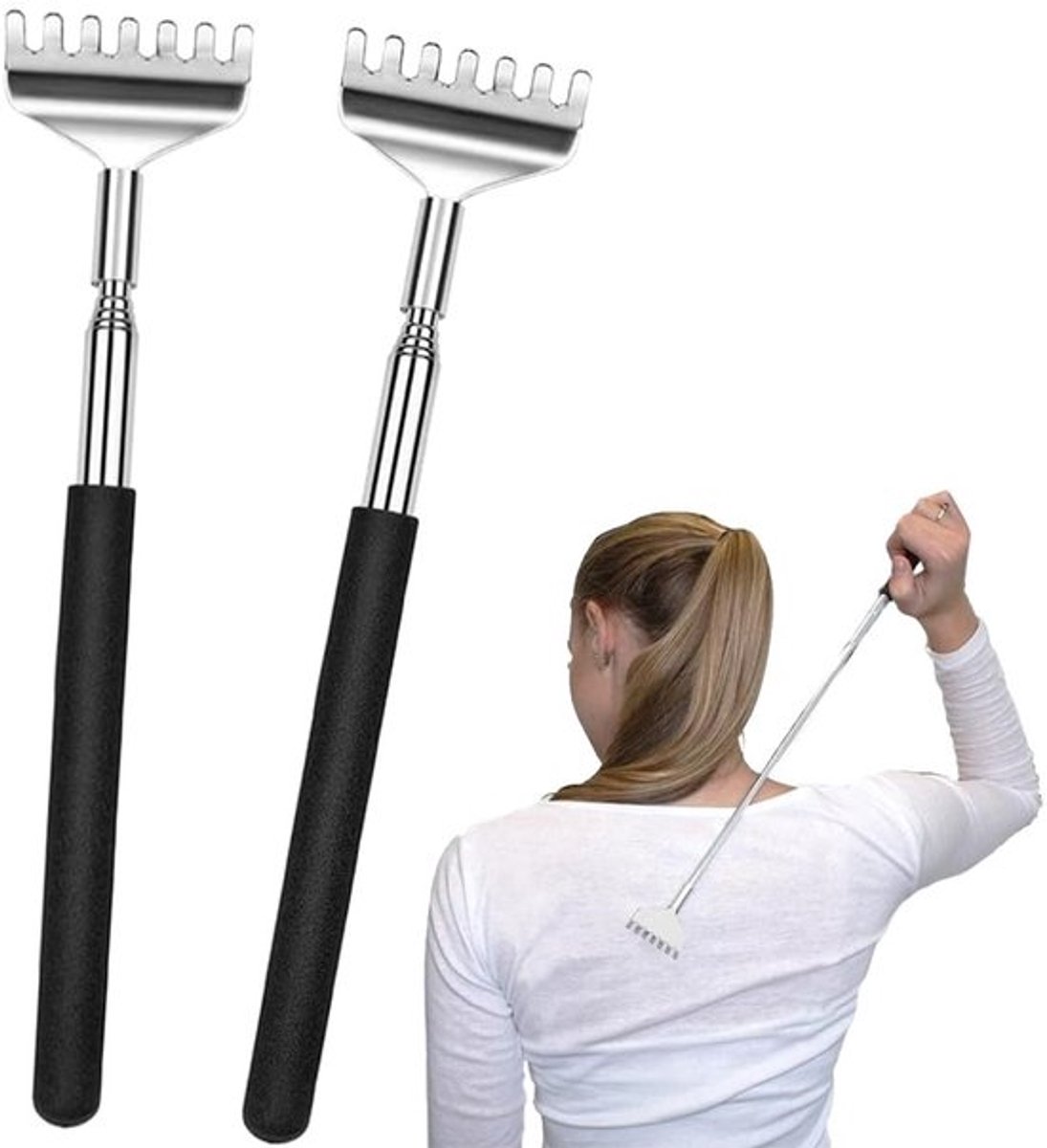 Rugschraper Uittrekbaar tot 68 cm - Telescopische Rugkrabber - Ergonomische Massagekop - Roestvrij Staal - 2 Stuks - Voor Hoofd en Rug - Krabber