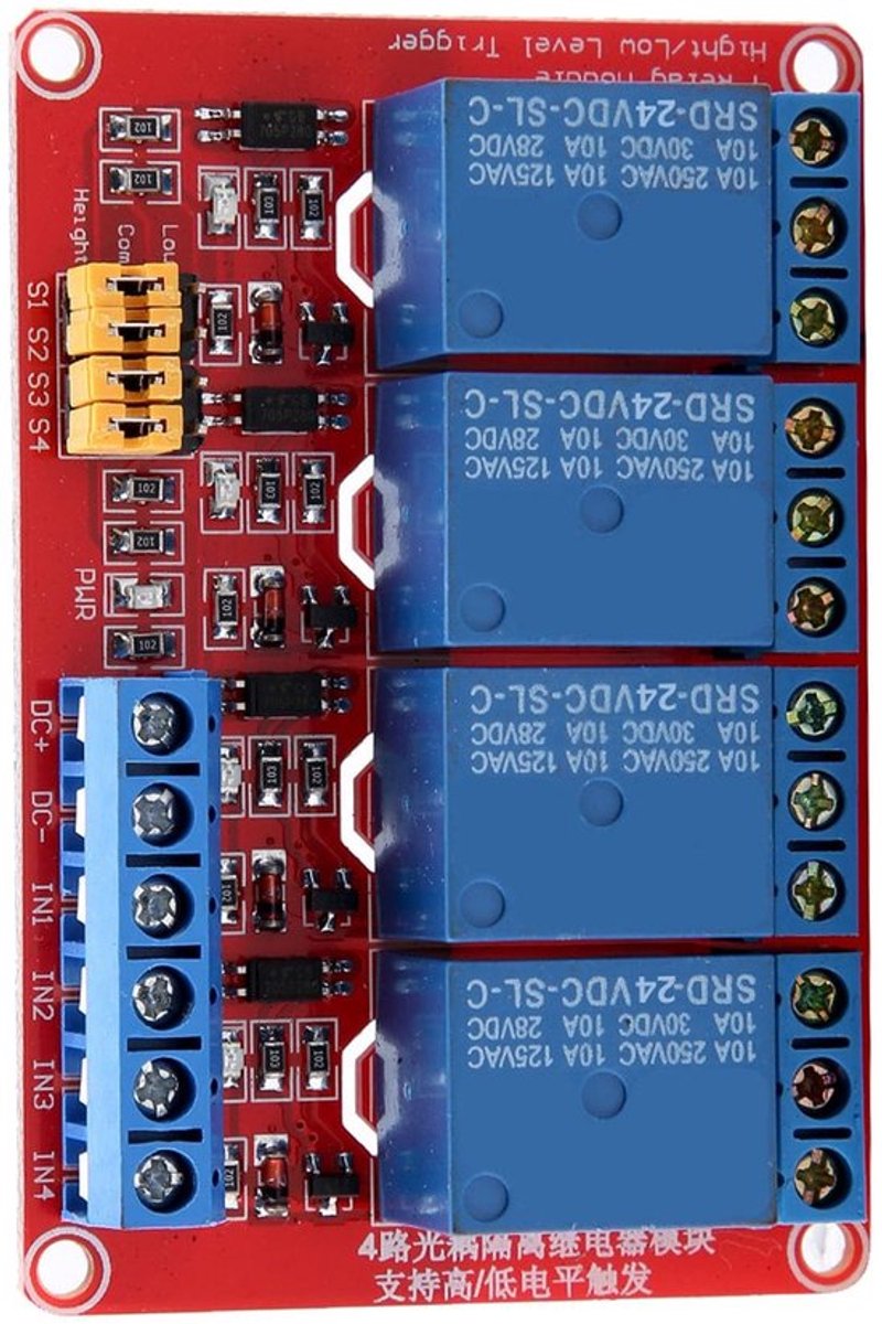 Optocoupler-relaysmodule - 4-kanaals trigger - Compact formaat - Hoog-laagniveau - Geschikt voor 5V, 12V en 24V toepassingen