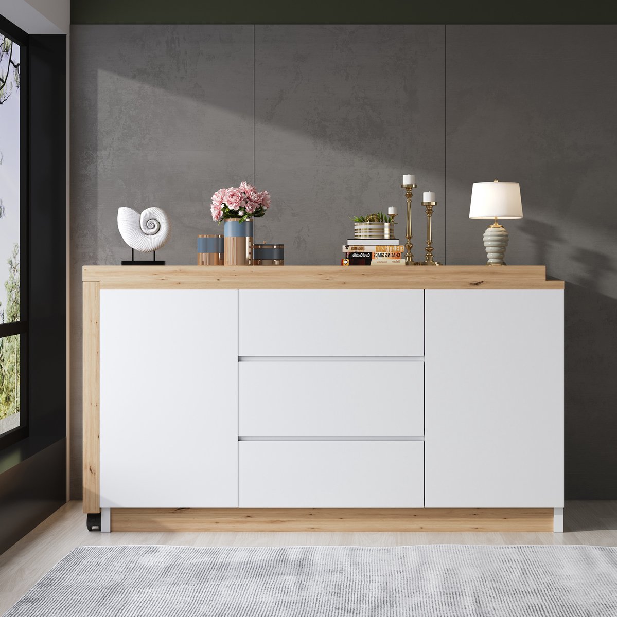 MODENUIT Bureau - Opklapbaar Met Wielen En Opbergruimte - 2 Deuren En 3 Lades - Wit Eiken - 120x50x76,5 Cm