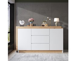 MODENUIT Bureau - Opklapbaar Met Wielen En Opbergruimte - 2 Deuren En 3 Lades - Wit Eiken - 120x50x76,5 Cm