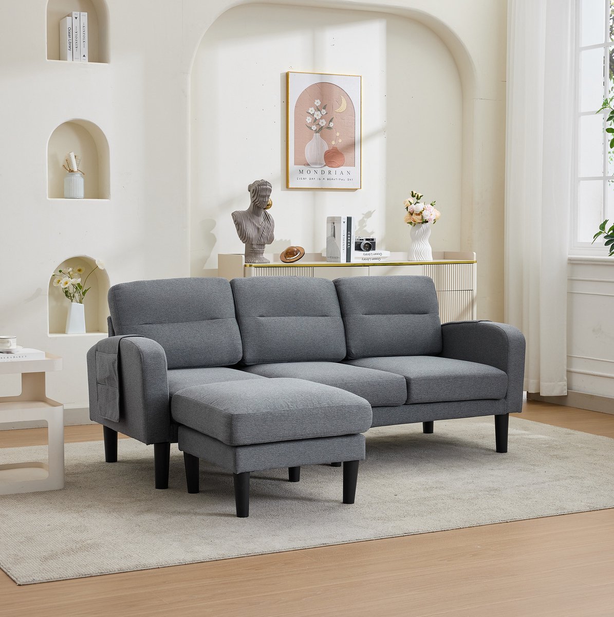 OKWISH Hoekbank 204 x 136 x 80 cm - 3-Zits Met Chaise Longue En Opbergvakken - Voor Woonkamer - Stof - Grijs
