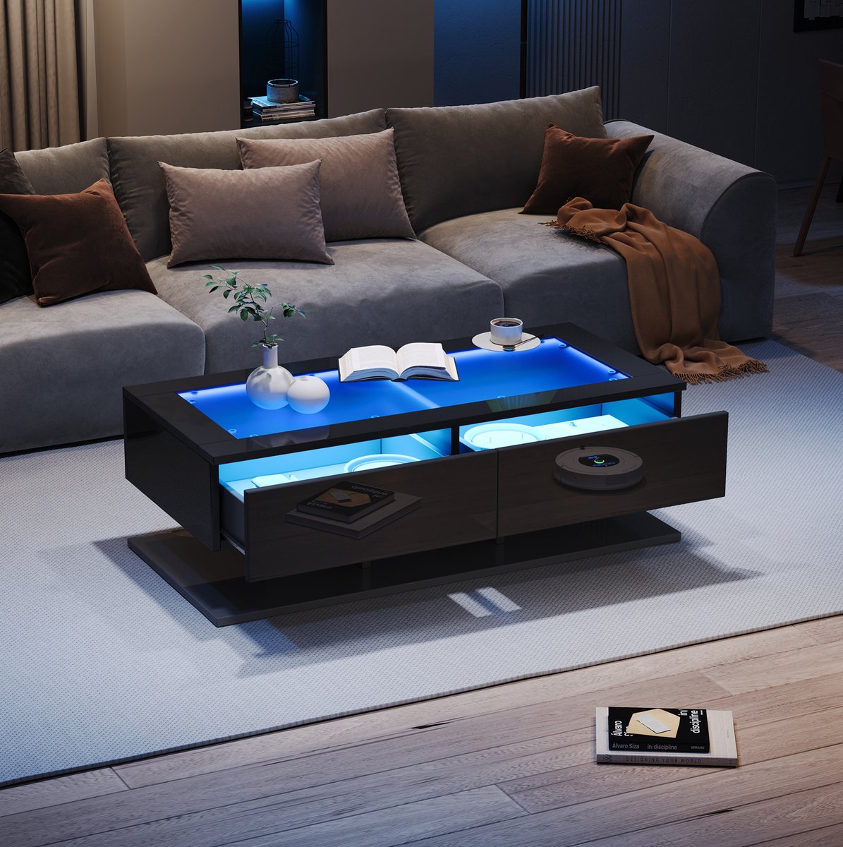 DESMIU Salontafel - Hoogglans Zwart Met 2 Lades En LED Verlichting - Glazen Blad Voor Woonkamer - 100 X 50 X 35 Cm