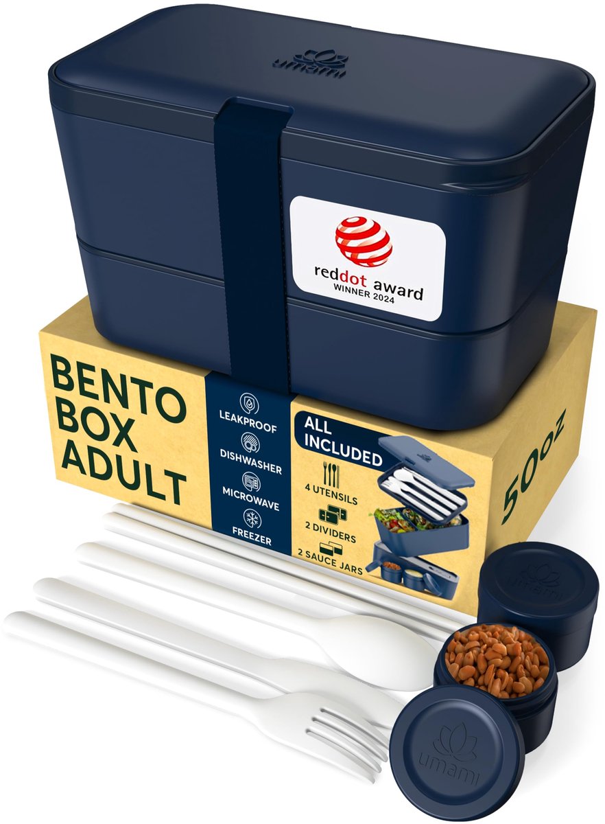 SnelShoppen - Umami Lunchboxcontainers met 4 Gebruiksvriendelijke Voorwerpen, 2 Sauspotten, Nestbare Ruimtebesparende Bento-Box voor Volwassenen, 100%