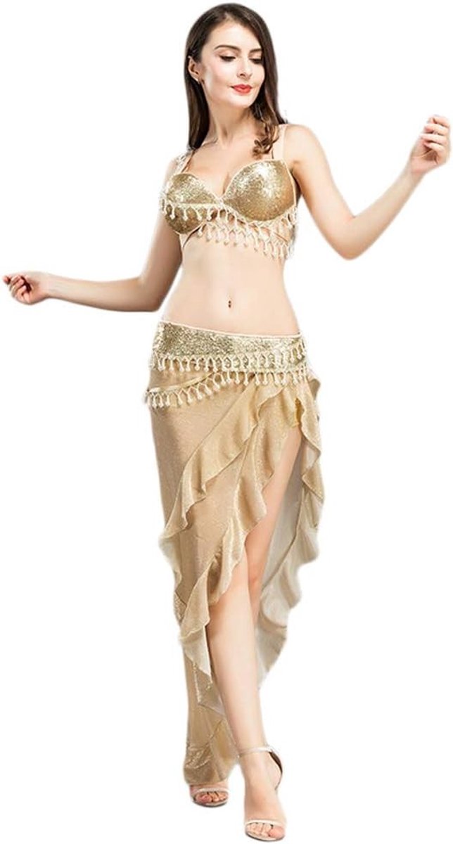 Gouden buikdans kostuum voor vrouwen met parel beha, riem en rok - Sexy dansoutfit voor optredens met driehoekige ruches en comfortabele pasvorm