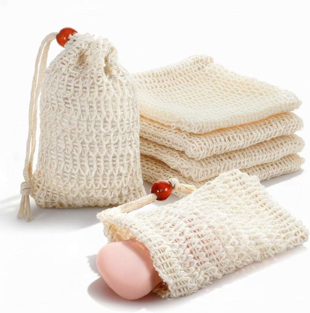 Set van 6 Natuurlijke Sisal Zeepzakjes met Trekkoord voor Bad, Massage en Peeling van Zeep
