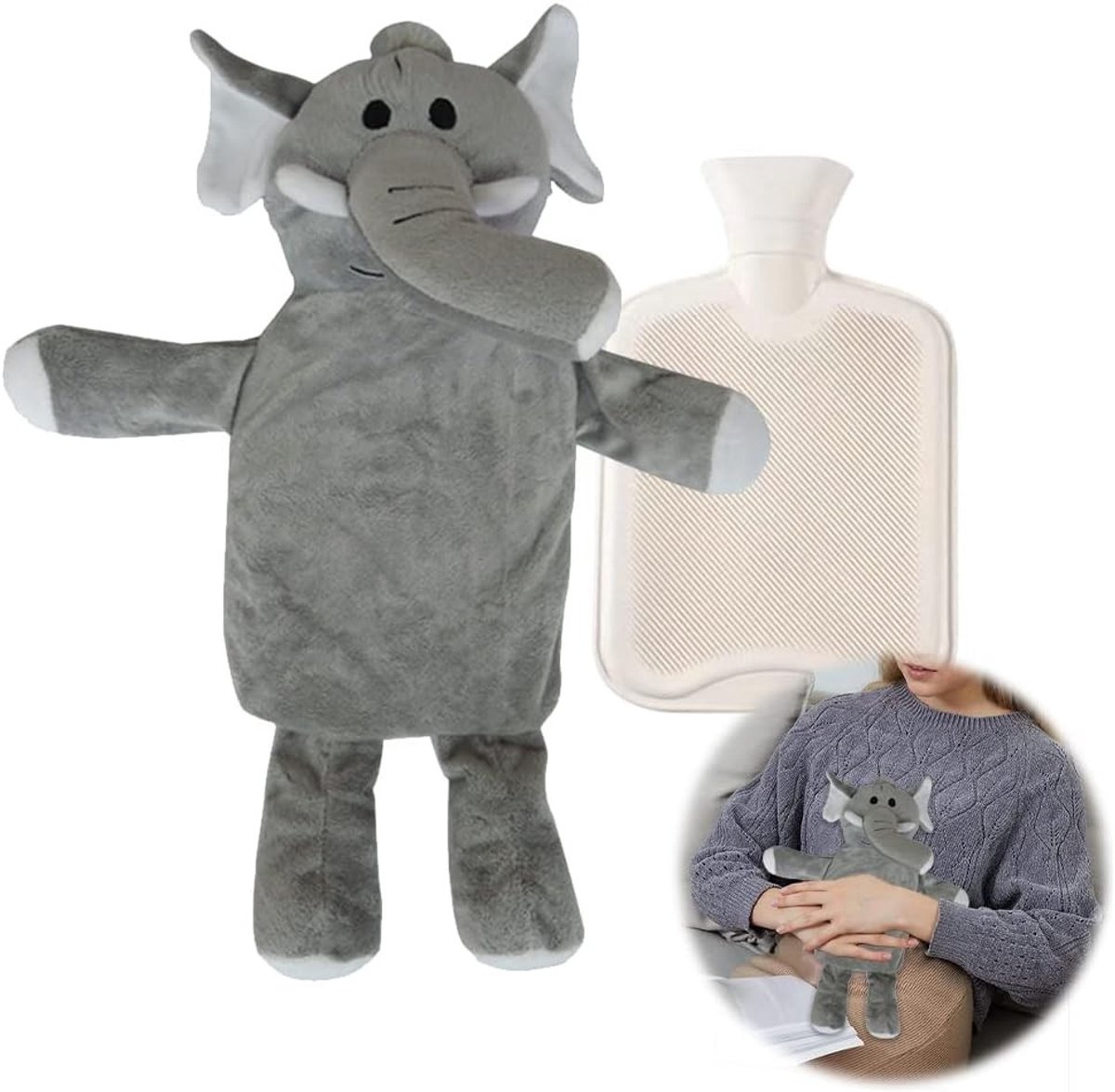 Grote warmwaterkruik met knuffeldier overtrek, zachte pluis warmtefles voor kinderen, ideaal voor extra warmte en comfort tijdens koude nachten