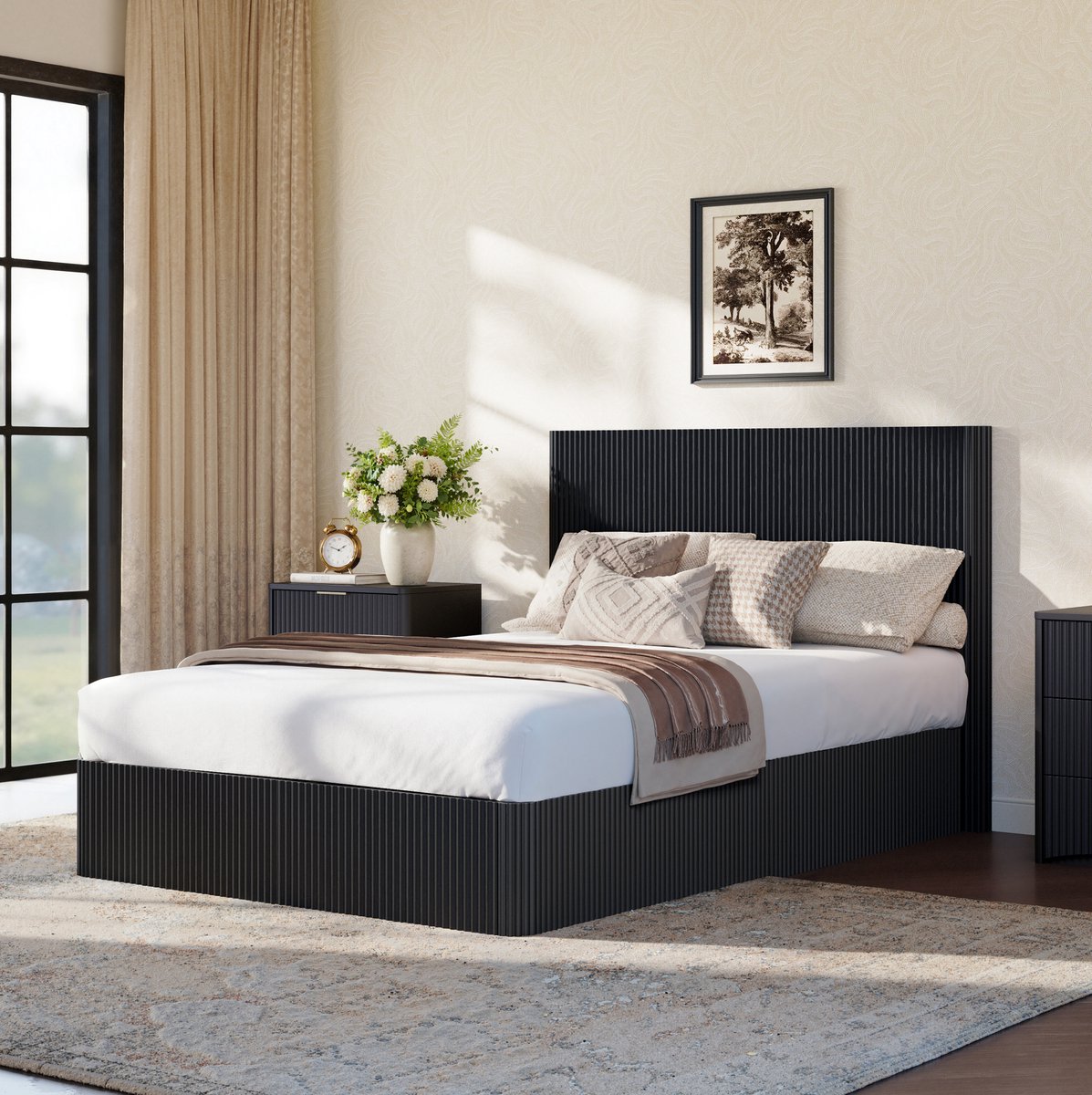 DESMIU Bed 140x200 cm – Hydraulisch Lift-Systeem – Grote Opbergruimte Onder Bed – Voor Volwassenen – MDF En Metaal – Zwart – Zonder Matras
