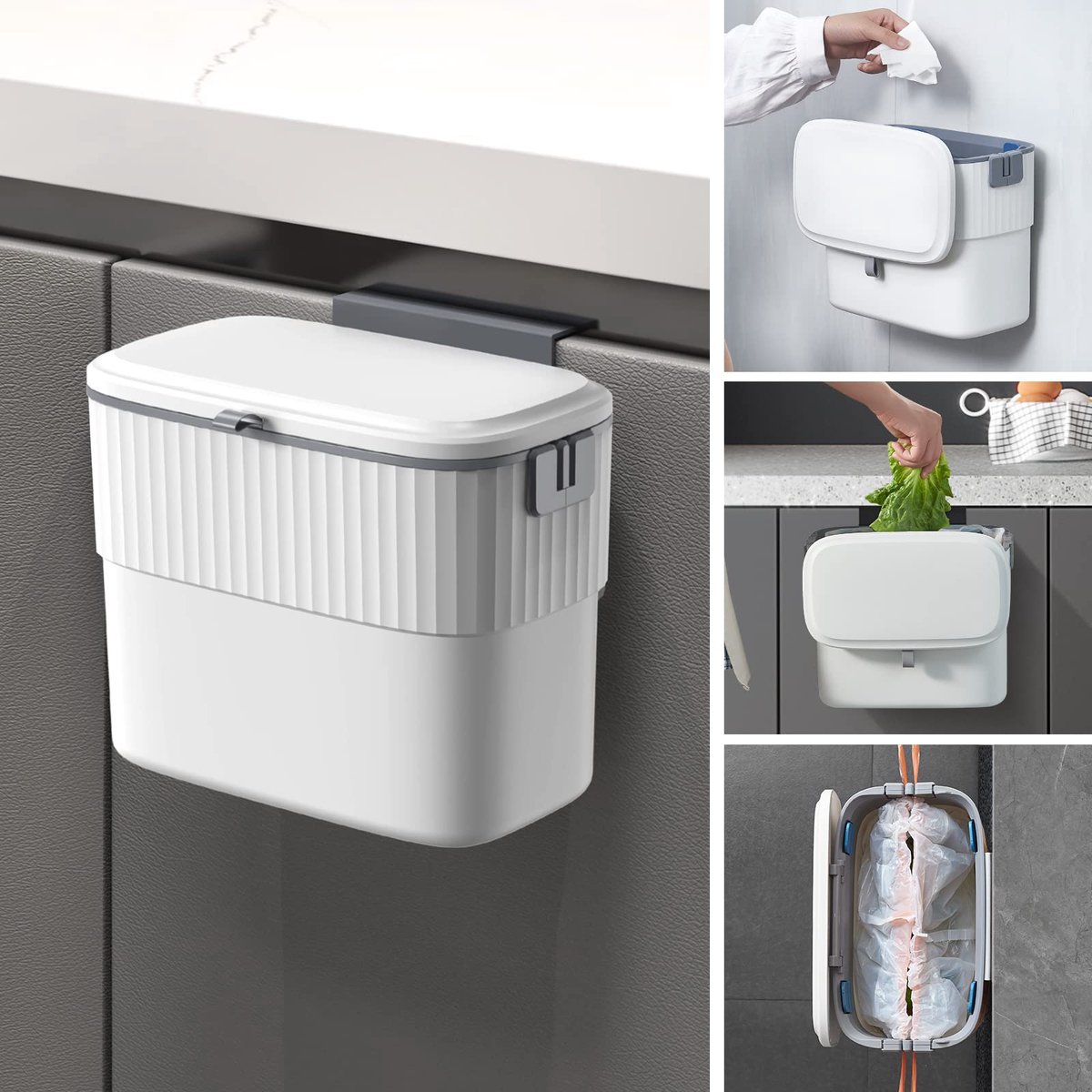 SnelShoppen - Hangende Kleine Afvalbak met Deksel voor Keukenkastdeur - Keukencompostbak Onder Gootsteen - Kunststof Wandgemonteerde Afvalbak (1,8 Gal
