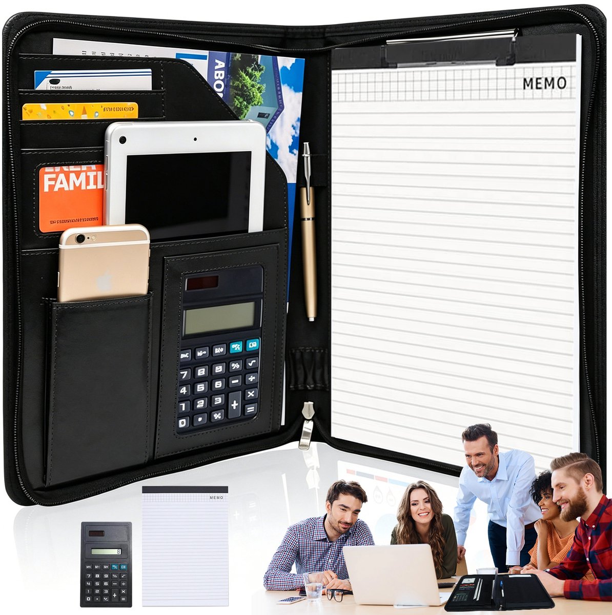 A4 Documententas - PU-Leer - Waterdicht & Ritssluiting - Incl. Rekenmachine & Schrijfpapier - Pennenhouder & Visitekaartvakken - 32,8x24,9cm Draagbaar - Voor Kantoor, Sollicitatie & Zakenreis