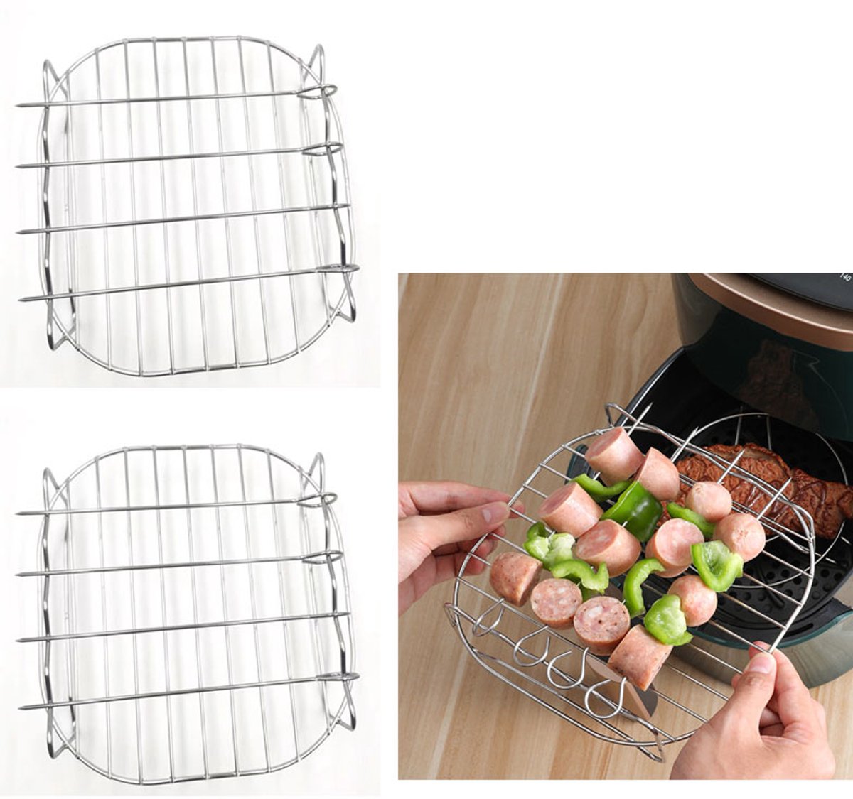 2-stuks Grillrooster voor airfryer - Grillrooster - Dubbellaags grillrooster - Rond grillrooster - Broodrooster - 19x19x7 cm - 4 spiesjes - Roestvrij staal - Geschikt om te bakken, koelen en grillen - Zilver