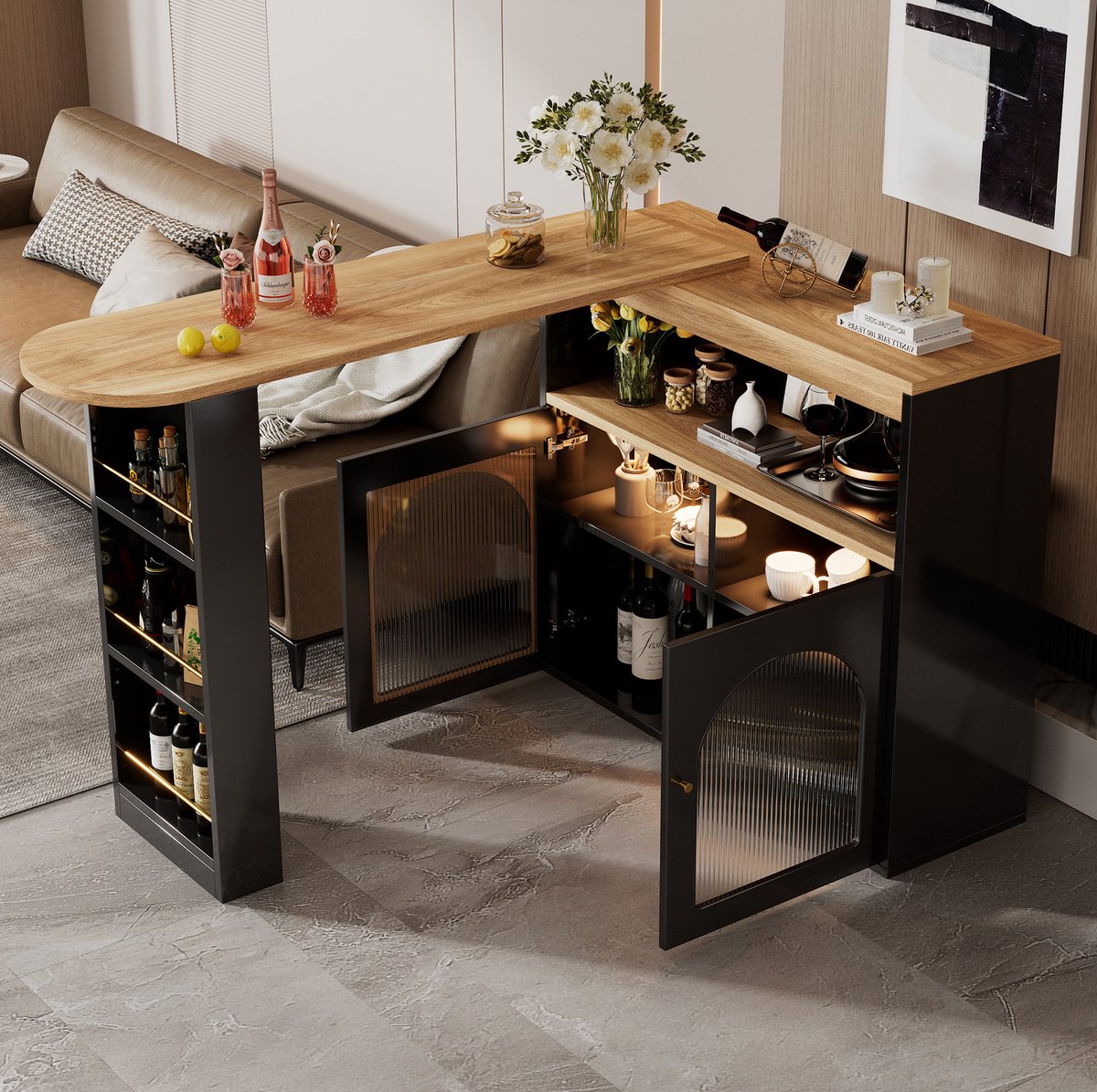 COVREO Bartafel 138-193x39x105 cm zwart, van MDF met opbergruimte en LED