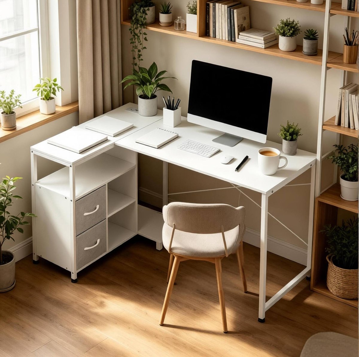 HAUSS SPOLE Bureau - Omkeerbaar Hoekbureau Met Stopcontact En 2 Lades - Voor Kantoor En Thuiswerkplek - Hout En Metaal - 120x80x76 Cm - Wit