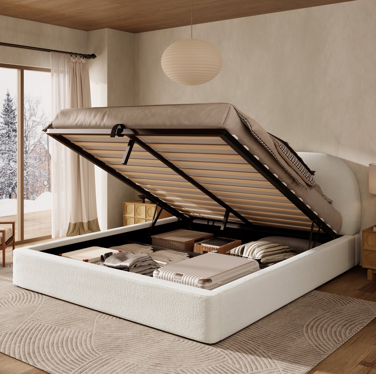 DESMIU Gestoffeerd Bed 180x200 cm – Hydraulisch Opbergbed Met Hoofdbord En Lattenbodem – Tweepersoonsbed Voor Slaapkamer – Bouclé – Beige – Met Matras