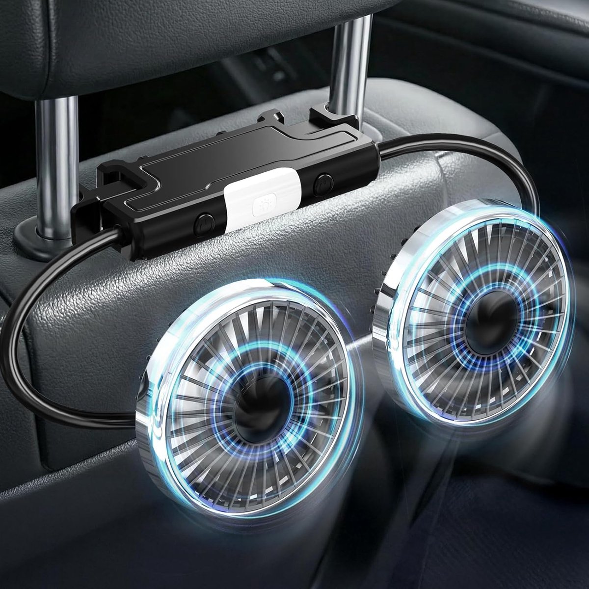 Auto Ventilator Cooling - Dubbele Hoofdsteun Ventilator - 360° Draaibare Dubbele Kop - 3 Snelheden - Stil en Duurzaam - Voor Luchtcirculatie en Verkoeling - Voor Vrijwel Alle Voertuigen (Jeep, Bestelbus, Camper, Vrachtwagen)