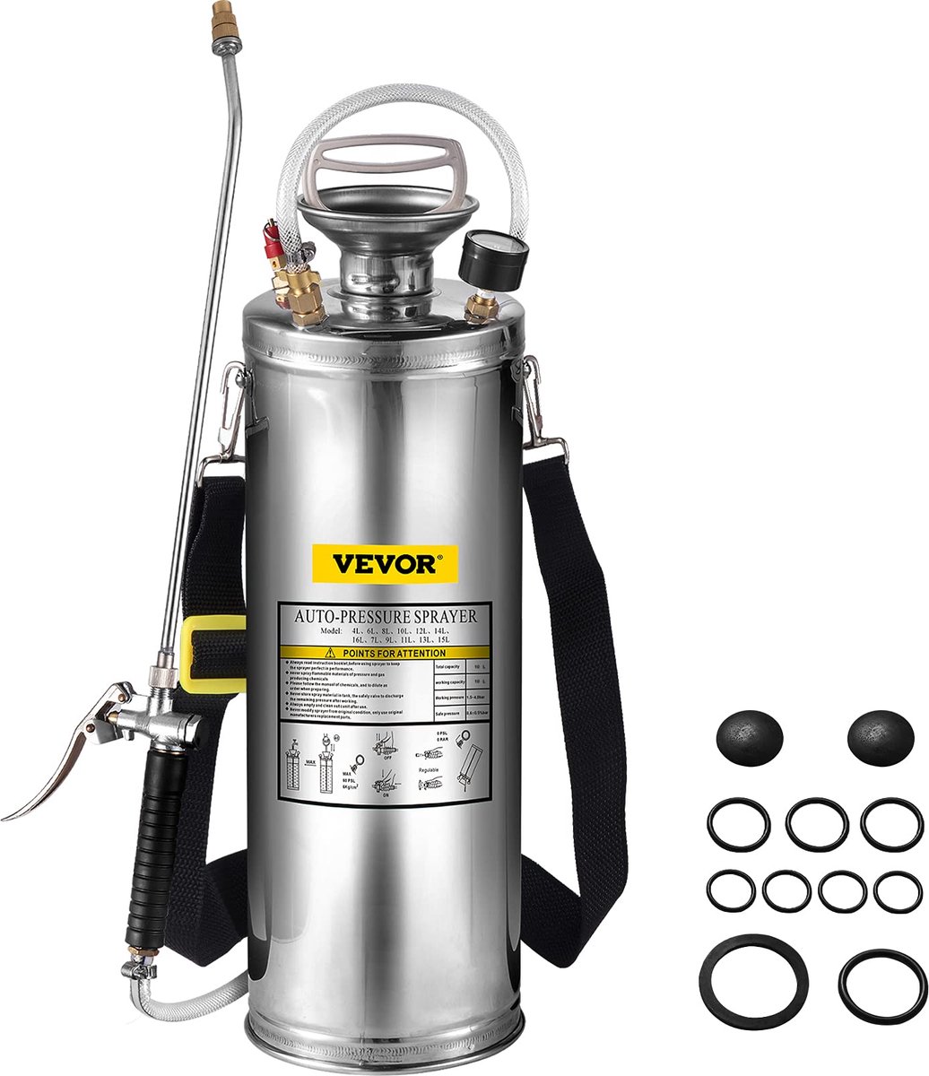 RVS Tuinsproeier - Rugspuit - Onkruidsproeier - Sproeier - Drukspuit - 10L - Handpomp - Verstelbare Messing Nozzle - voor Tuin - Reiniging - Desinfectie
