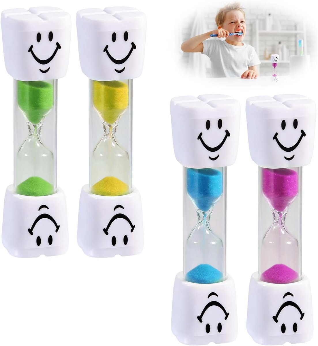 Set van 4 zandlopers met 3 minuten smiley motief, visuele timer voor tijdbeheer, ideaal voor tandenpoetsen, spelletjes, koken en kantoor, duurzaam en draagbaar ontwerp