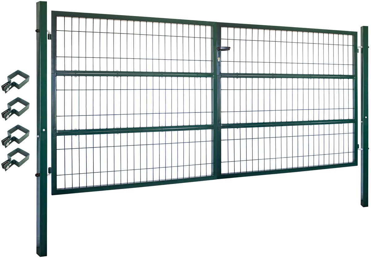 Tuinpoort / Dubbele poort voor dubbelstaafmathekwerk (300 cm) – Metaal – Groen of antraciet – Afsluitbaar – Inclusief palen – V2Aox