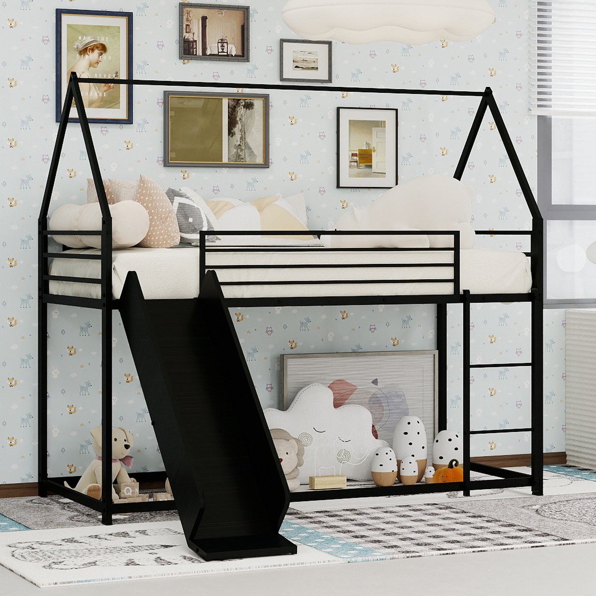 COVREO Stapelbed met glijbaan en speelhuisdesign – 194x185x176,5 cm – Hoogslaper van metaal – ruimtebesparend voor kinderkamer – Zwart - zonder matras Black
