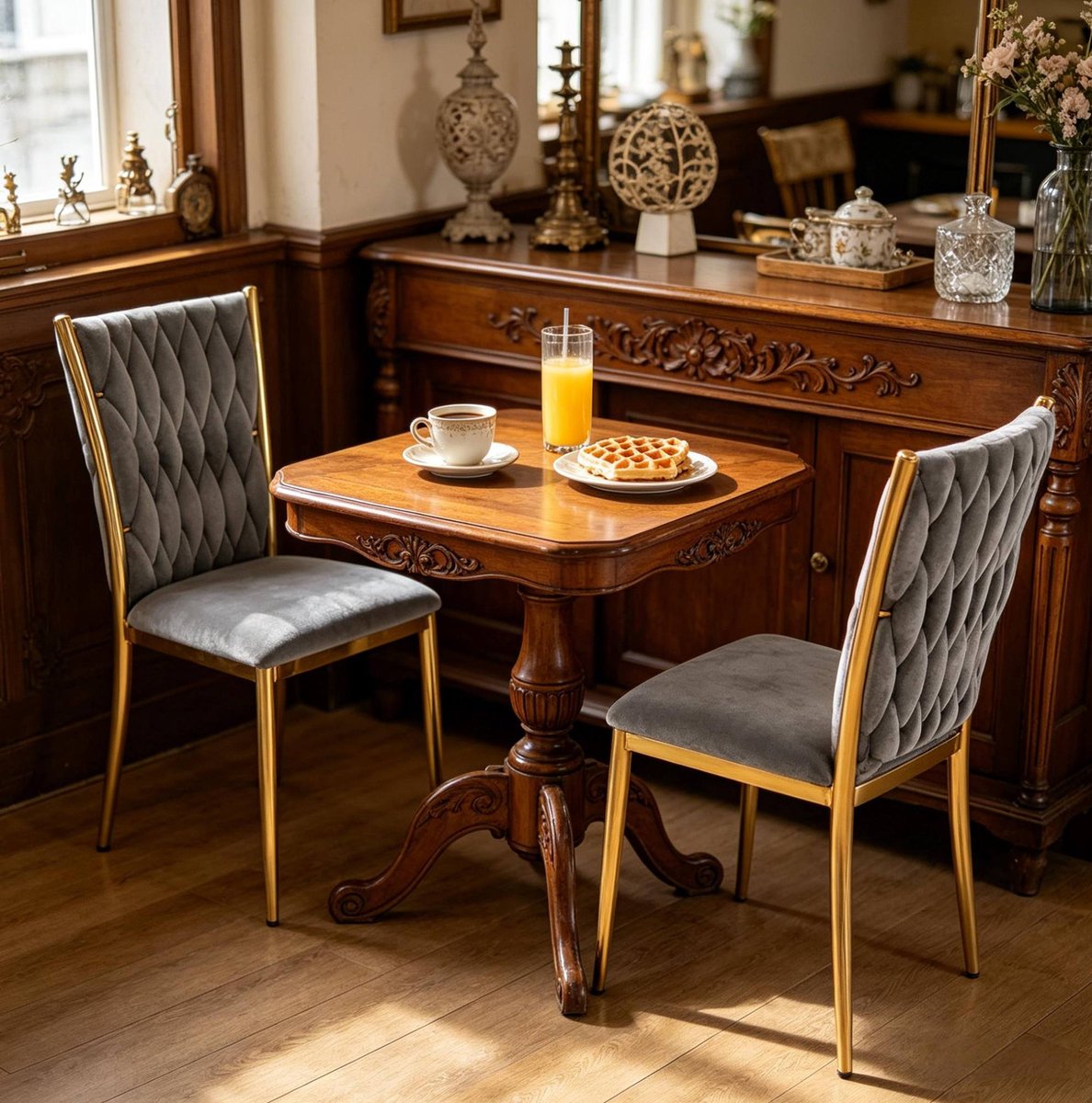 HAUSS SPOLE Eetkamerstoel - Luxe Velvet Design - Set Van 2 - Hoge Rugleuning Met Gestikt Patroon En Gouden Metalen Poten - Donkergrijs