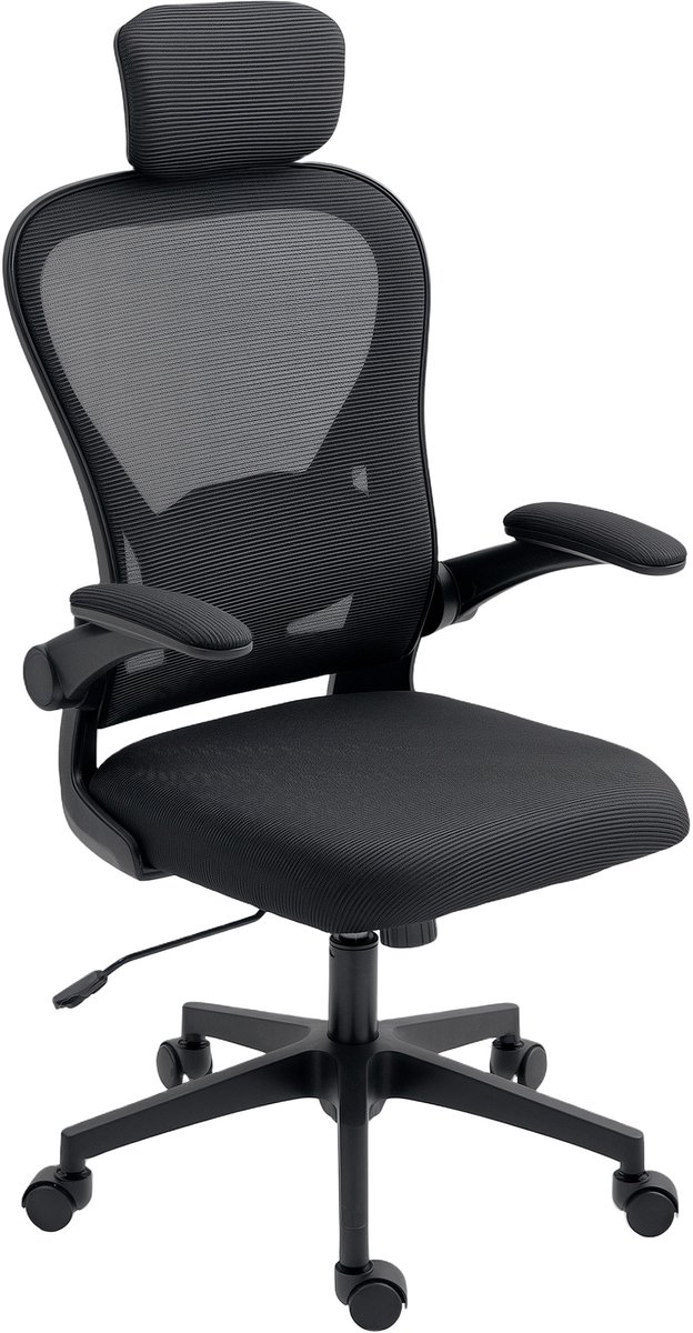 ECTEATOY® Ergonomische Bureaustoel - Mesh Kantoorstoel met Verstelbare Hoofdsteun - Lendensteun en Opklapbare Armleuningen - Zwart
