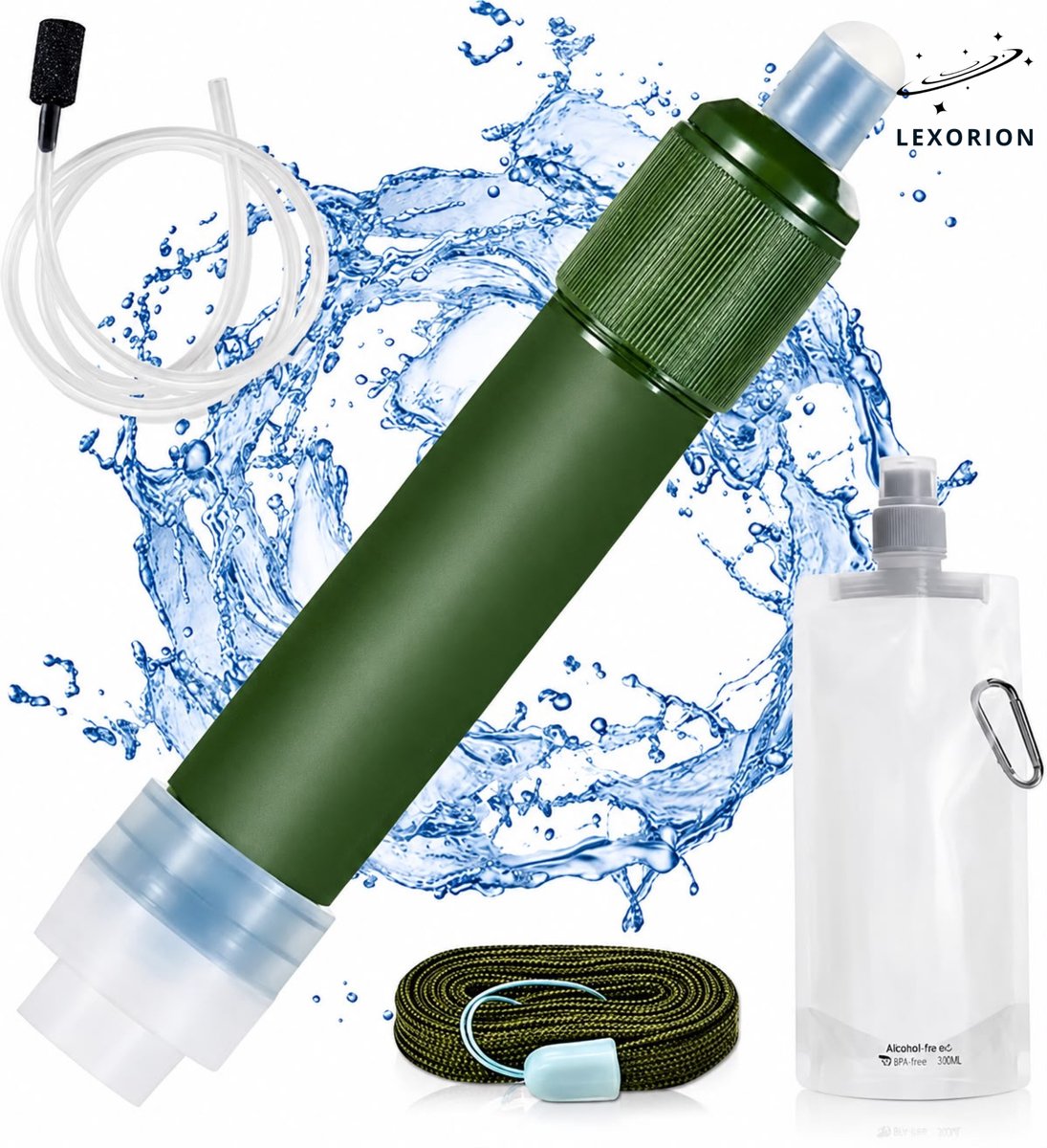 Lexorion Waterfilter Survival - Waterfilter Straw met Opbergtas - BPA-vrij Waterzuiveringsfilter - Filtert tot 4000 Liter - Noodpakket - Draagbaar Waterfiltersysteem voor Kamperen, Hiking & Outdoor