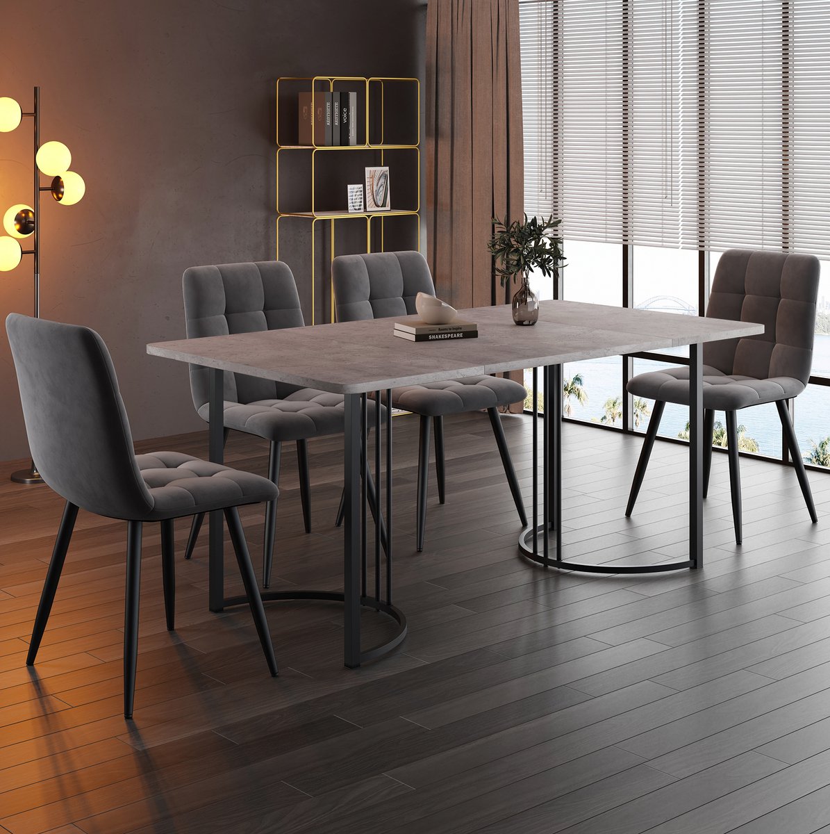 COVREO Eettafelset 140x80 cm grijs, MDF en metaal met 4 stoelen