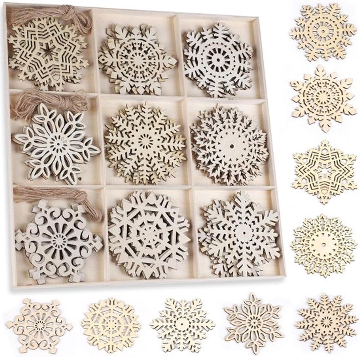 Kerstboom ornamenten set van hout met sneeuwvlok design - 45 stuks - 10 x 10 cm - 9 verschillende ontwerpen - inclusief jute touw - decoratieve kerstversiering - DIY handwerk - feestdecoratie.