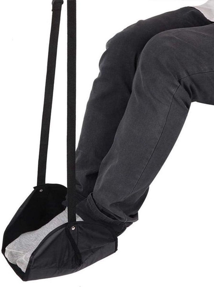 Hangende voetsteun voor vliegtuig en kantoor, tuin hangmat, rust en comfort met kledinghanger - reisaccessoire in zwart.