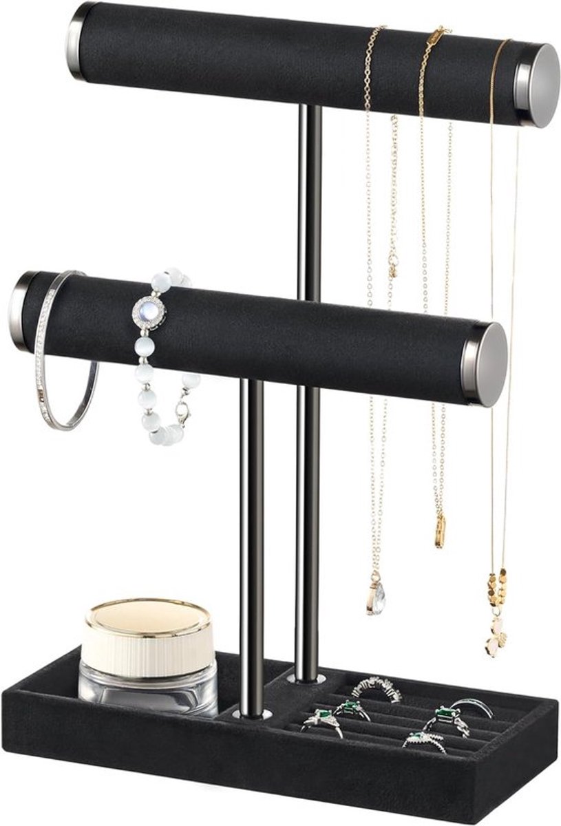 2-laags Armbandhouder met Afneembare T-bar - Zwart Fluwelen Sieraden Organizer voor Armbanden, Kettingen en Ringen