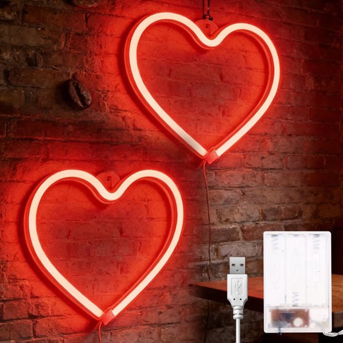 Neonbord 2 stuks - LED Hartvormige Lichtreclame - 21 x 20 cm - Romantische Decoratie - Valentijnsdag - Slaapkamer