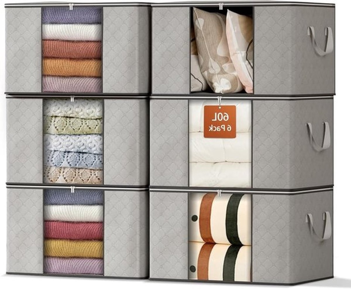 6-pack 60 L Grote Opbergdozen voor Kasten, Inklapbare Ruimtebesparende Opbergdozen met Verstevigde Handvatten, Ideaal voor Kleding, Dekens en Linnen