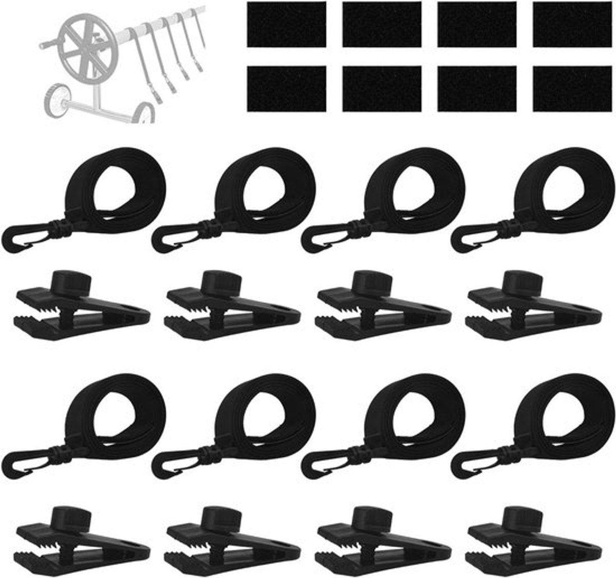 24-delige fix-kit voor zwembadzonneschaduwcovers, inclusief haakbanden, clips en bevestigingsmateriaal