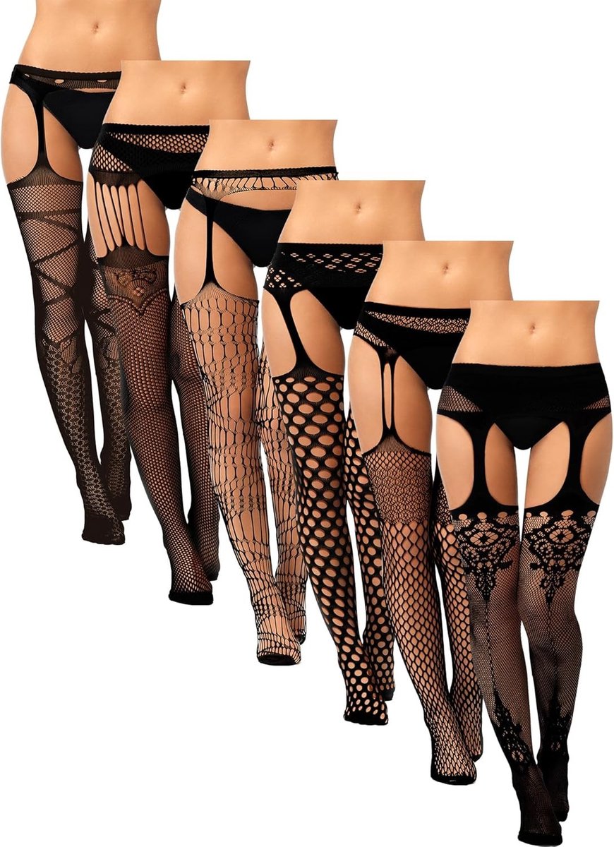 6 Paar Dames Visnet Kousen met Suspenders, Hoge Kousen, Kanten Panty voor Halloween Kostuums, Zwart, One Size, Perfect voor Feestjes en Avondkleding