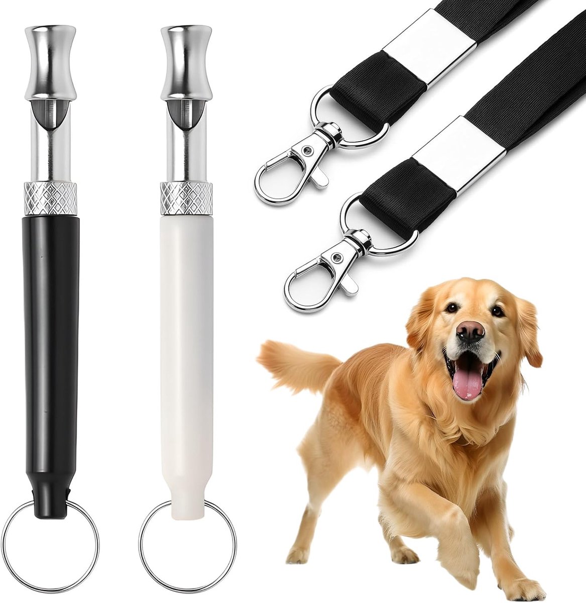 Hondenfluitje met Keykoord - 2 Stuks - RVS Fluit voor Hond - Honden Training Fluitje - Ultrasoon - Aanpasbare Frequenties - Dog Whistle - Dog flute - Noodfluit - Hondenaccessoire - Voor training en terugroepactie - Zwart+Wit