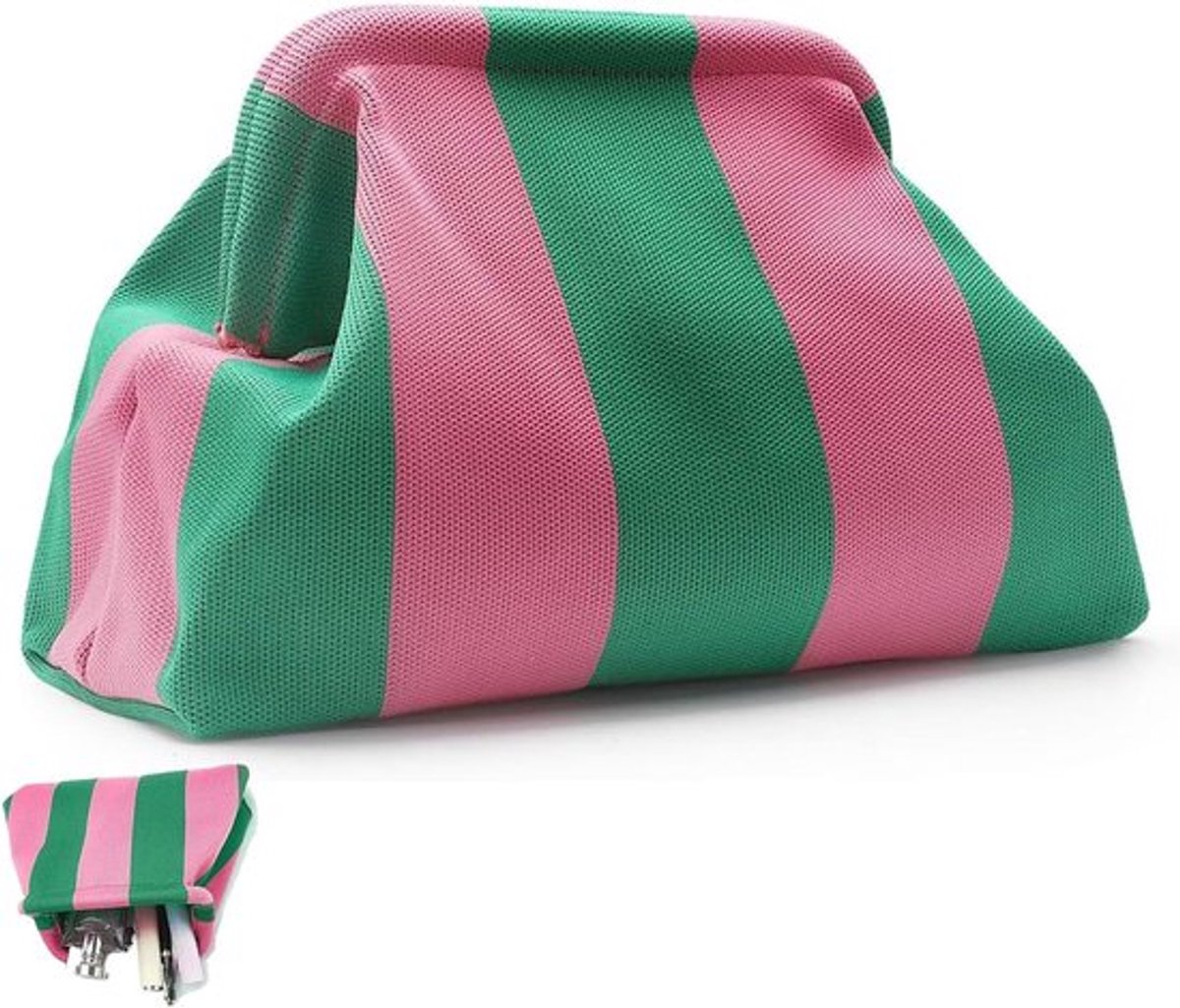 Gestreepte make-uptas in roze en groen, klein formaat, polyester, cosmetica opbergen, dagelijks gebruik