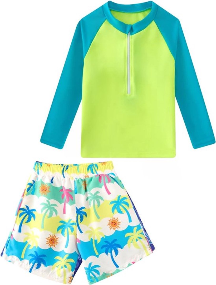 Lange Mouwen Zwemset voor Jongens, 2-delige Rashguard Badkleding met Rits en Korte Zwemshorts voor Kinderen van 3-12 Jaar met Zakjes