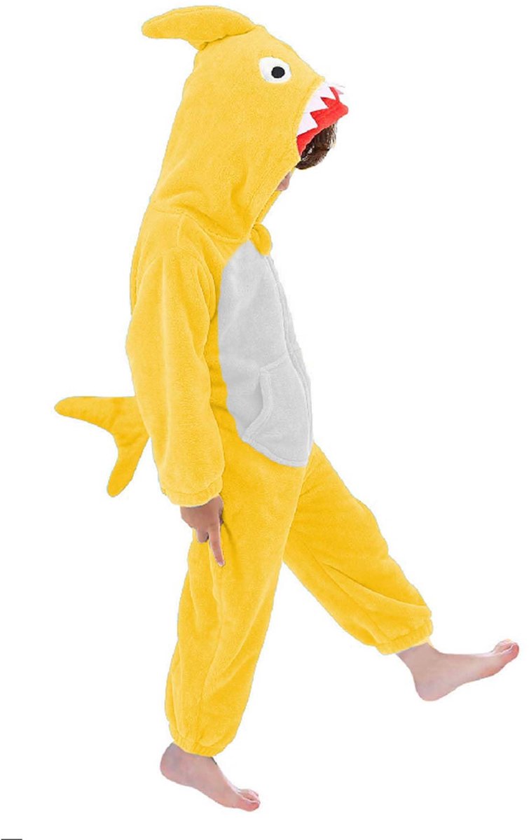 SnelShoppen - Haaienkostuum voor jongens 2-3 jaar, flanel overall met capuchon, geel, schattig dier kostuum voor feest of verkleedpartij