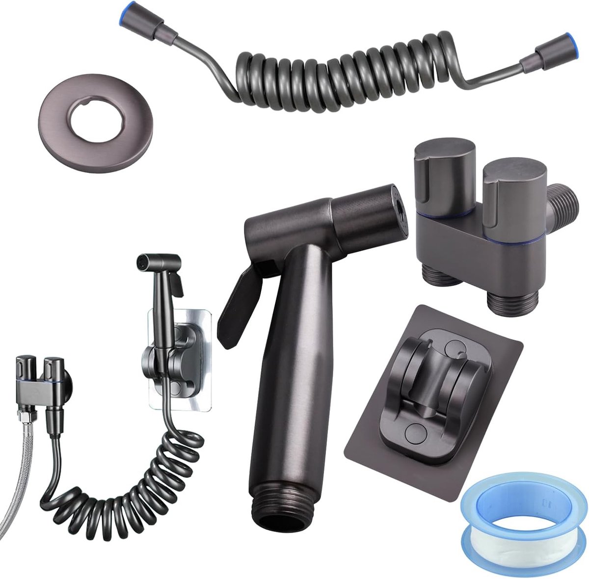 Handbidet Toilet Set van RVS met Dubbele Controleklep, Veer Slang en Plakhouder voor Badkamer, Ideaal voor Toilet en Huisdier Verzorging