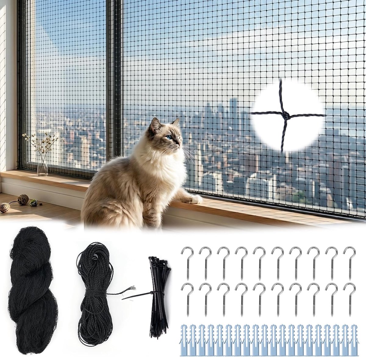 SnelShoppen - Kattennet voor Balkon 10 m x 3 m Zwart | Balkonnet met Haken en Kabelbinders | Kattenbescherming, Balkonnet zonder Boren voor Ramen, Ter