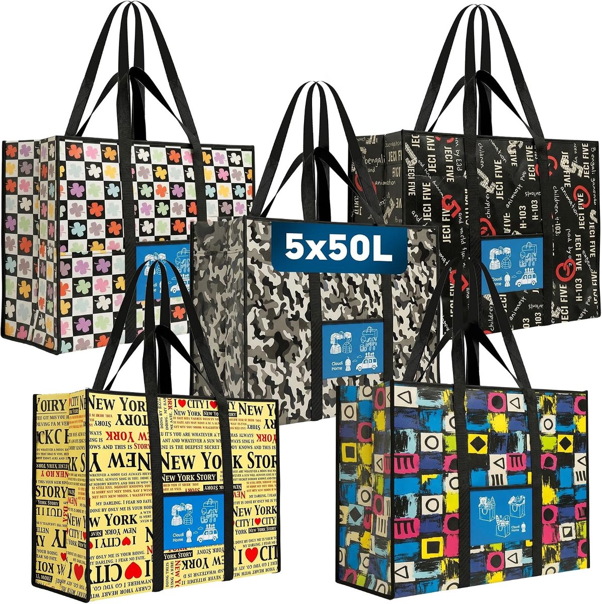SnelShoppen - Set van 5 Kleding- en Boodschappentassen (50 l) met Rugzakfunctie, Waterafstotende Verhuiszakken met Handgrepen voor Kleding, Verhuizing