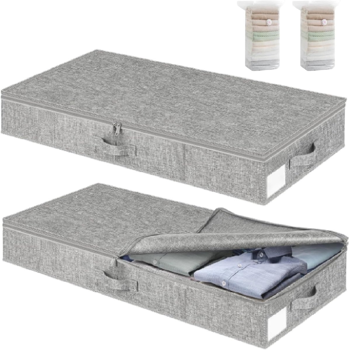 SnelShoppen - 2 stuks opbergdozen onderbed met deksel, 50L transparante oprolbare vacuümzakken, opvouwbaar voor kleding, beddengoed, dekens en kussens