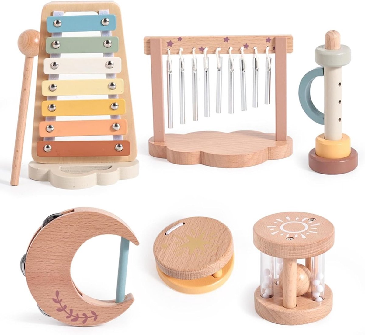 SnelShoppen - Montessori Muziekspeelgoed voor Peuters en Baby's | Houten Muziekinstrumenten Set met Xylofoon, Fluit, Kastanje | Educatief Speelgoed vo