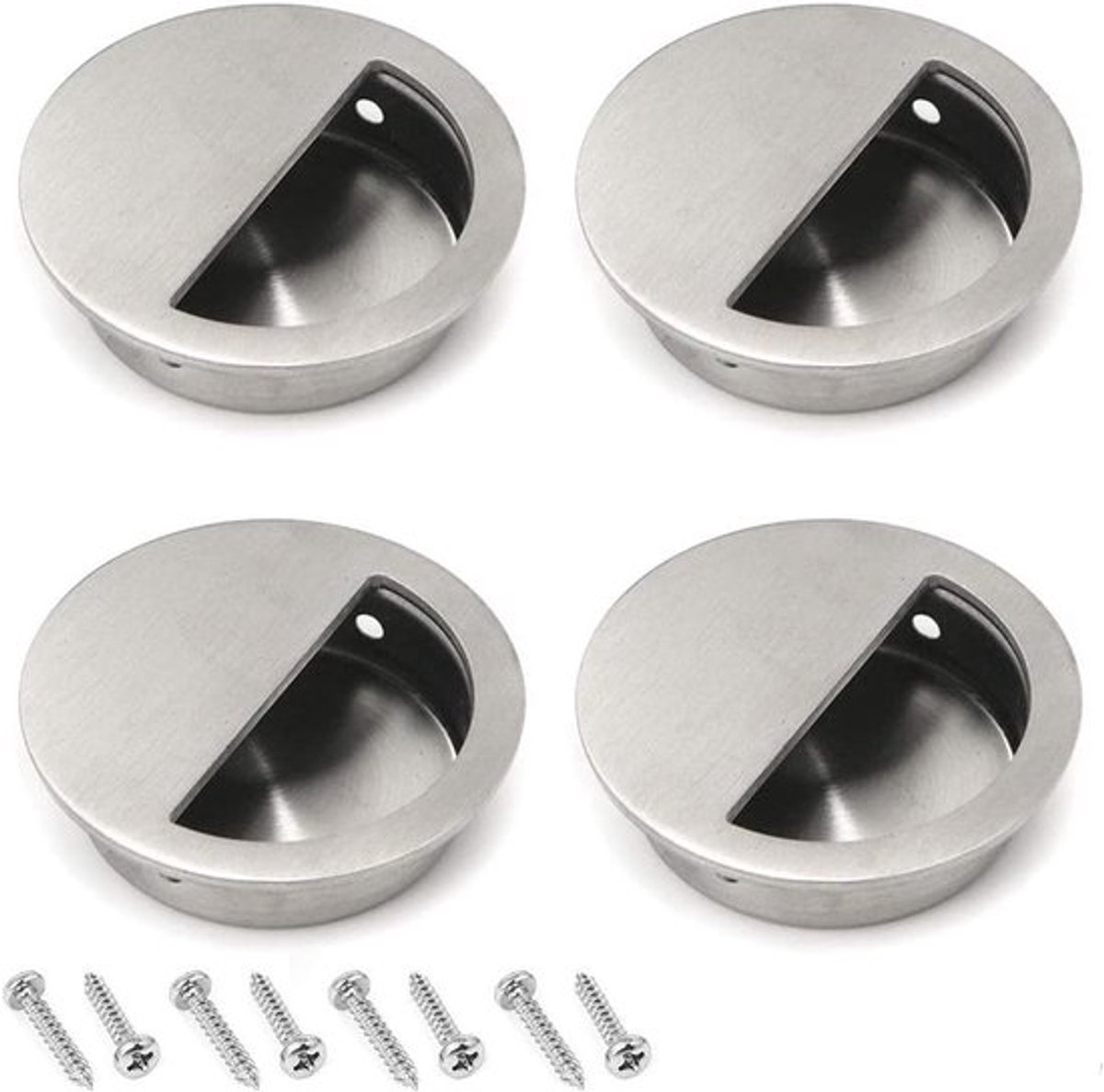 Set van 4 Ronde Ingebouwde Deurgrepen van RVS, 60mm, voor Schuifdeuren en Kasten met Verborgen Schroeven