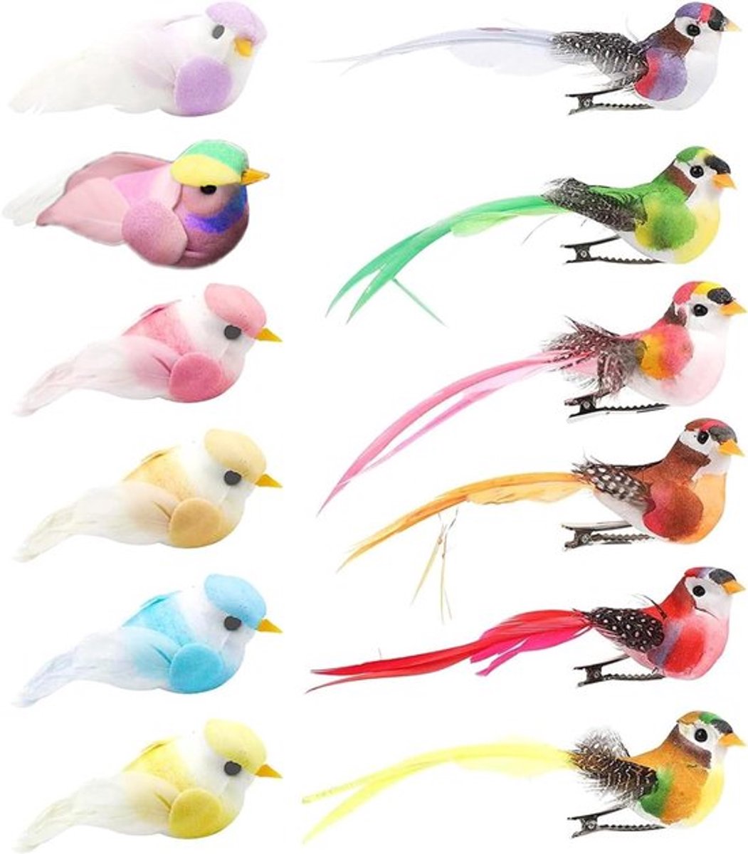 Kleurrijke vogel ornamenten voor tuindecoratie en knutselwerk - veelkleurig en levendig - set van 12 stuks