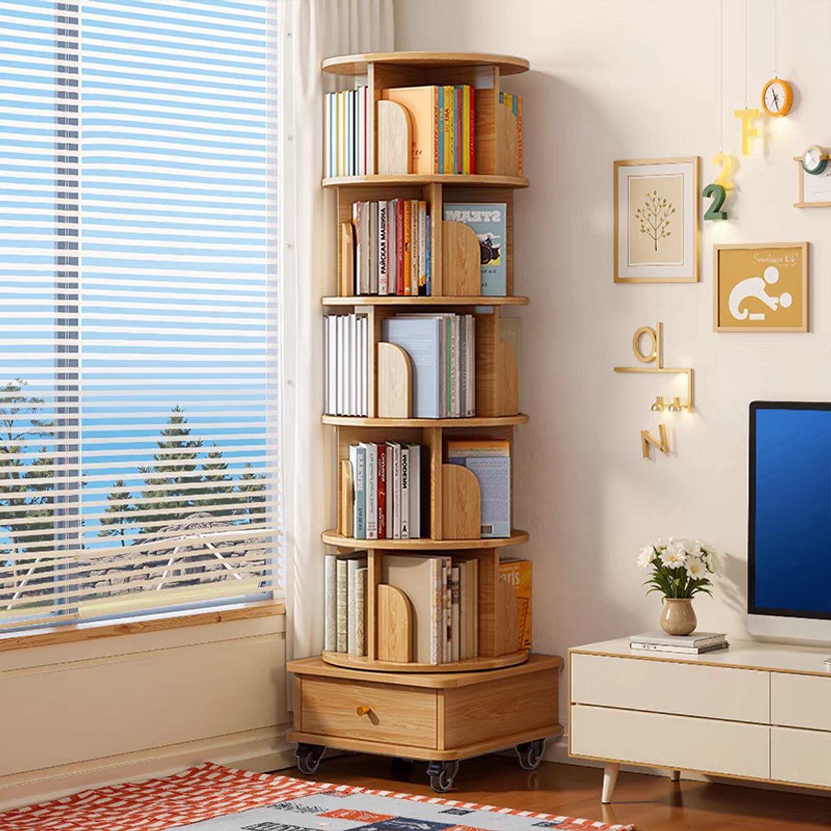 Boekenkast - Draaibare boekenkast - Opbergkast - Hoek boekenkast - 6 lagen - Ronde displaystandaard - 173x46x46 cm - Met wielen en lades - Geschikt voor studeerkamer, slaapkamer - Natuurlijke houtkleur