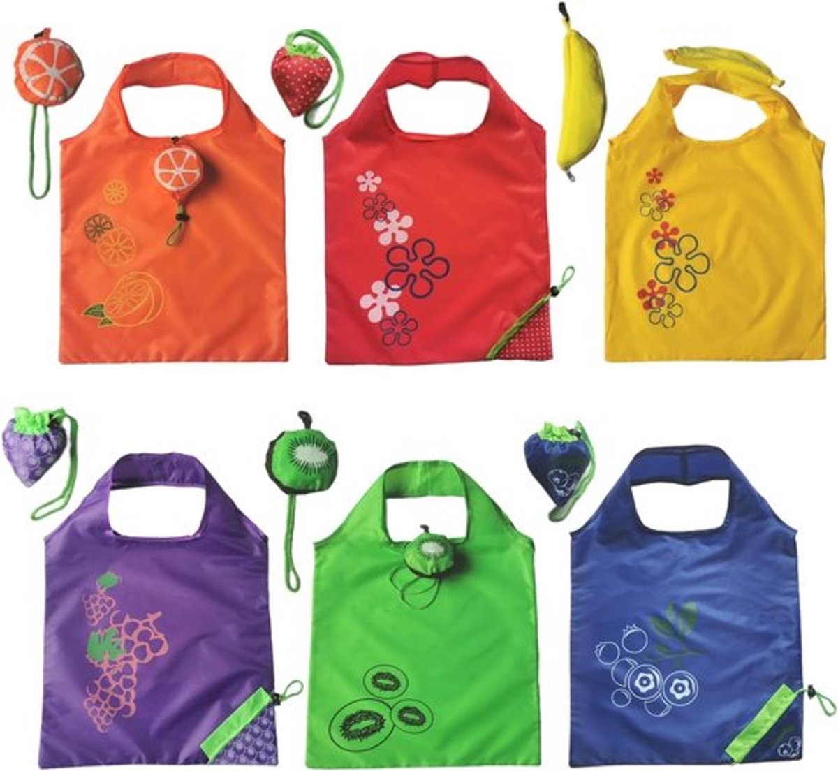 Vouwbare Fruitvormige Tas - Set van 6 - Ideaal voor Aardbeien, Bananen en Citrusvruchten - Duurzaam en Handig voor Boodschappen