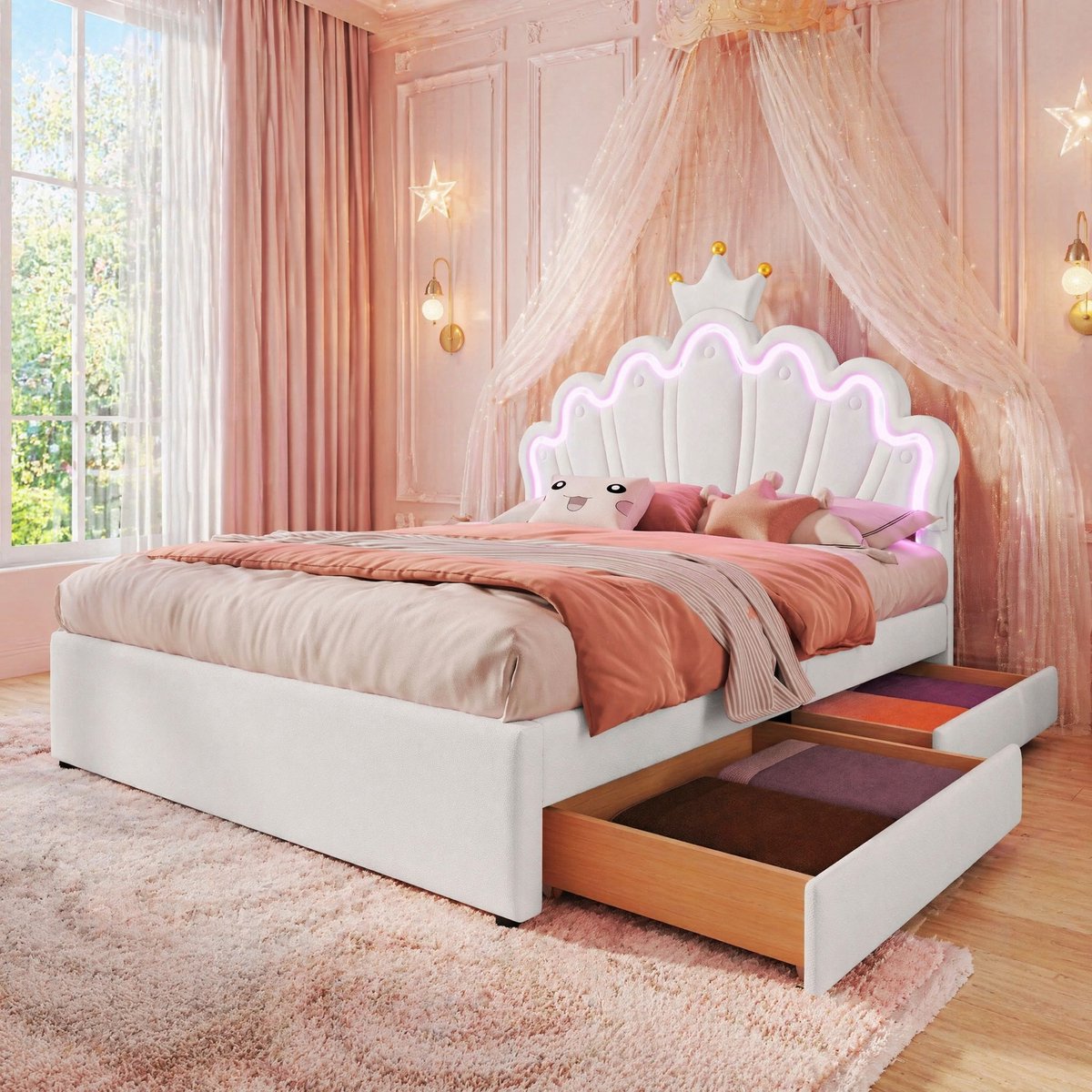 COVREO Bed 140x200 cm wit PU met LED, 2 lades, zonder matras